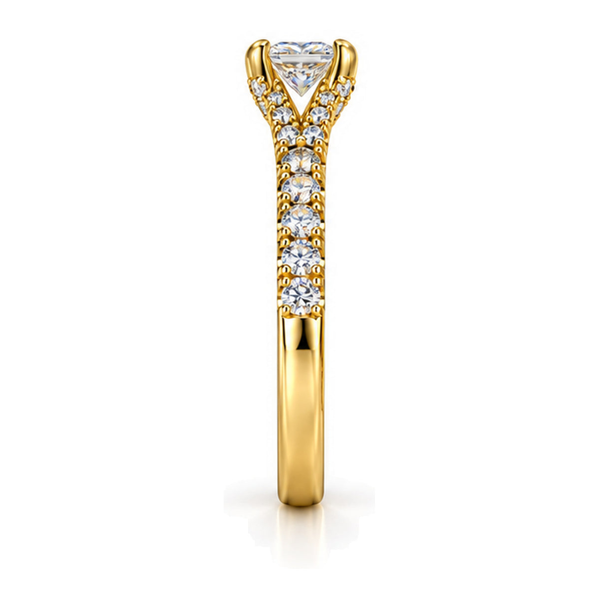 Princess Cut Moissanite Solitaire Engagement Ring with Pavé Band — 925 Sterling Silver, 18K Gold Plated