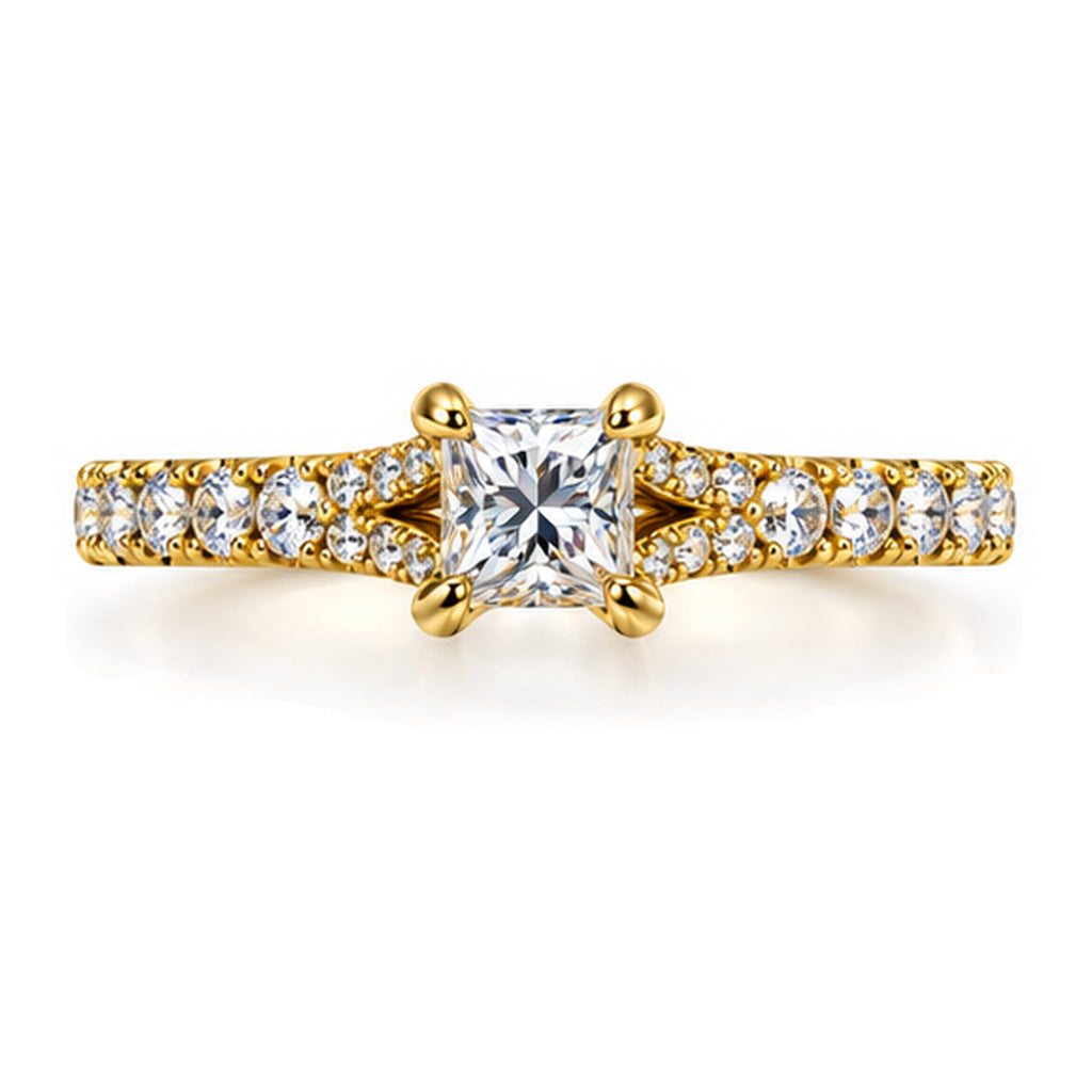 Princess Cut Moissanite Solitaire Engagement Ring with Pavé Band — 925 Sterling Silver, 18K Gold Plated