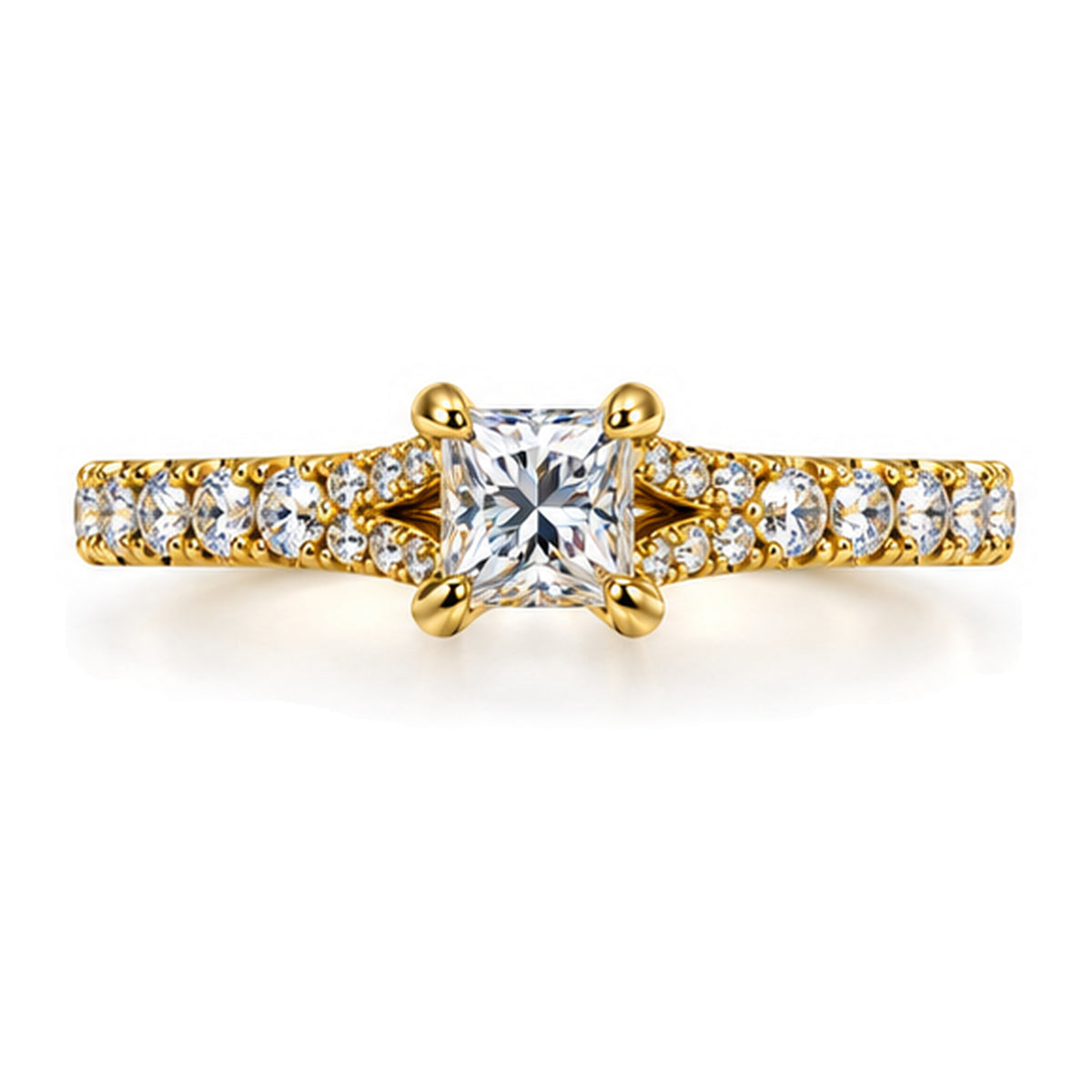 Princess Cut Moissanite Solitaire Engagement Ring with Pavé Band — 925 Sterling Silver, 18K Gold Plated
