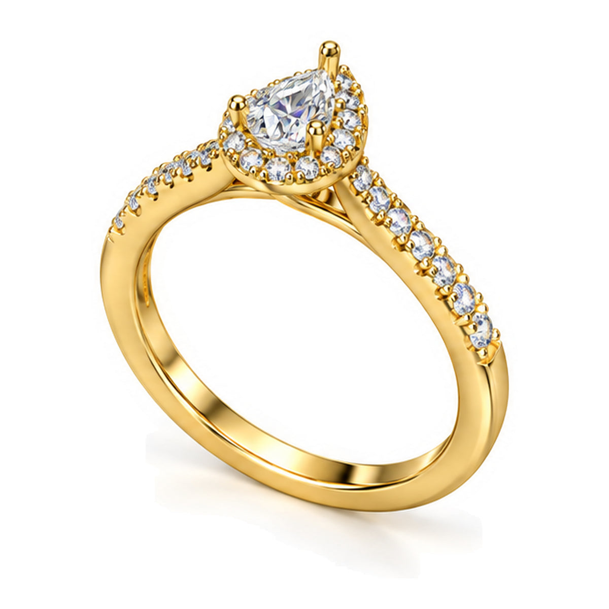 Pear Moissanite Halo Engagement Ring with Pavé Band — 925 Sterling Silver, 18K Gold Plated