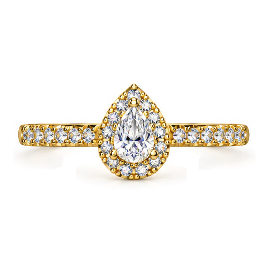 Pear Moissanite Halo Engagement Ring with Pavé Band — 925 Sterling Silver, 18K Gold Plated