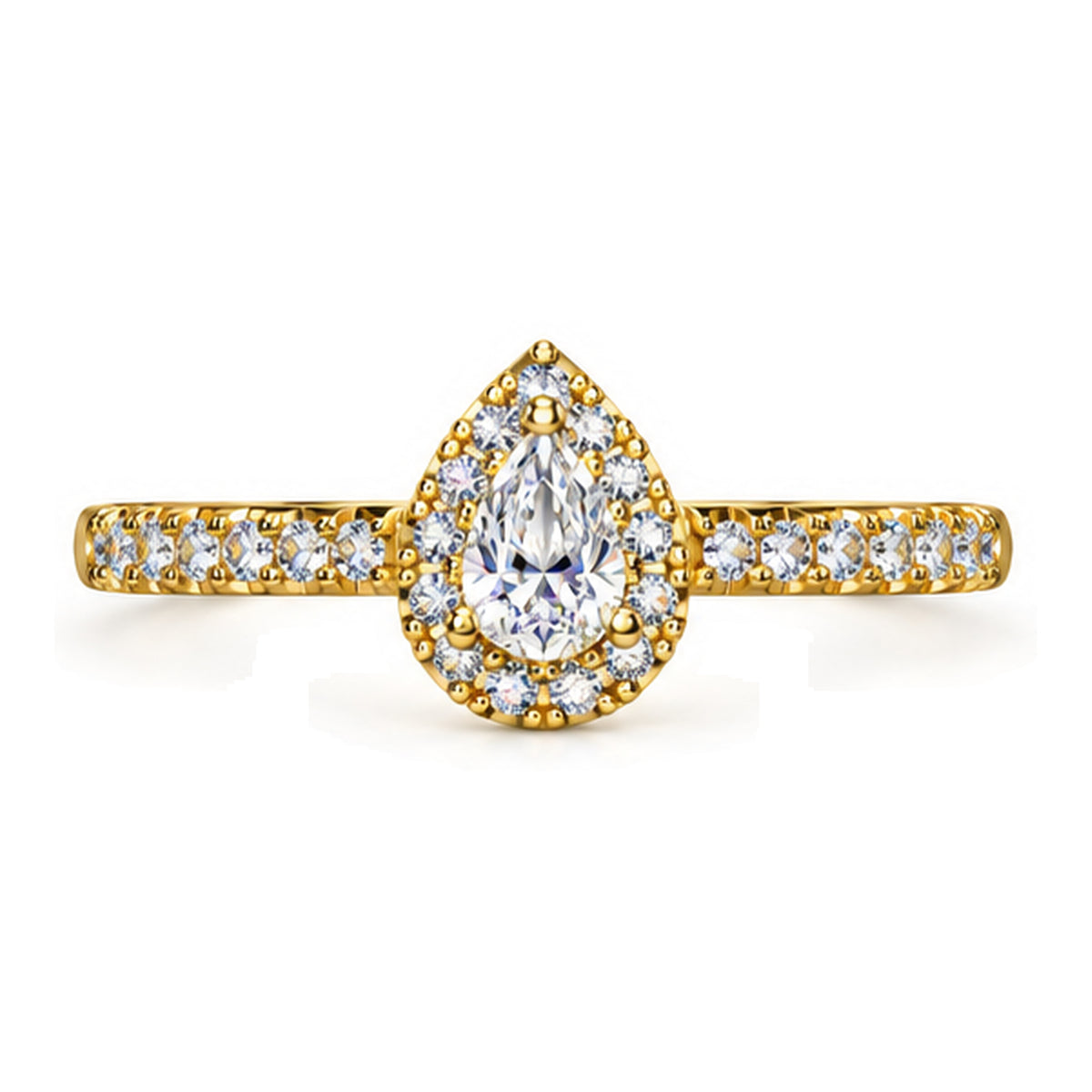 Pear Moissanite Halo Engagement Ring with Pavé Band — 925 Sterling Silver, 18K Gold Plated
