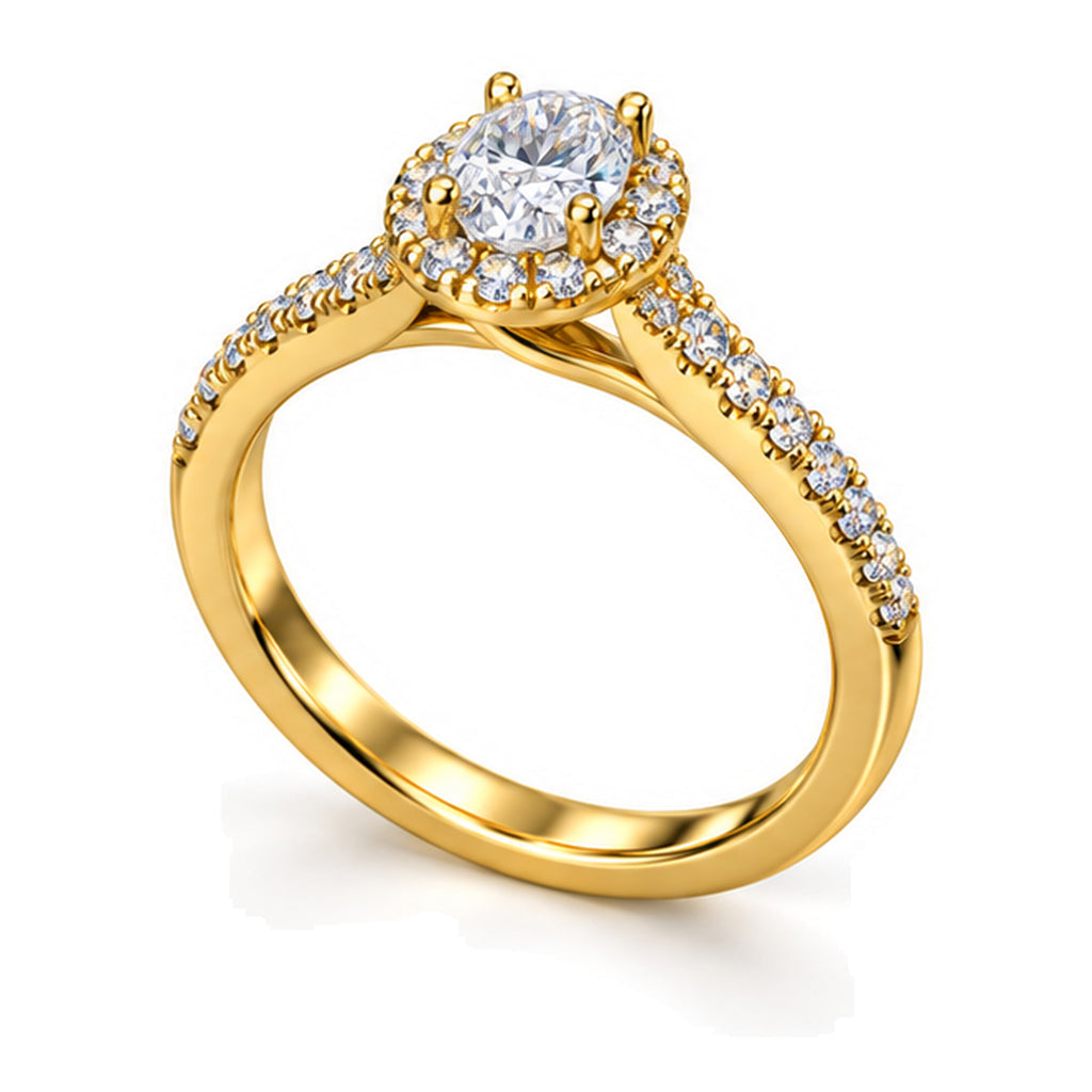 Oval Moissanite Halo Engagement Ring with Pavé Band — 925 Sterling Silver, 18K Gold Plated