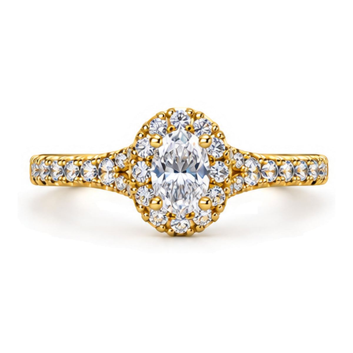 Oval Moissanite Halo Engagement Ring with Pavé Band — 925 Sterling Silver, 18K Gold Plated