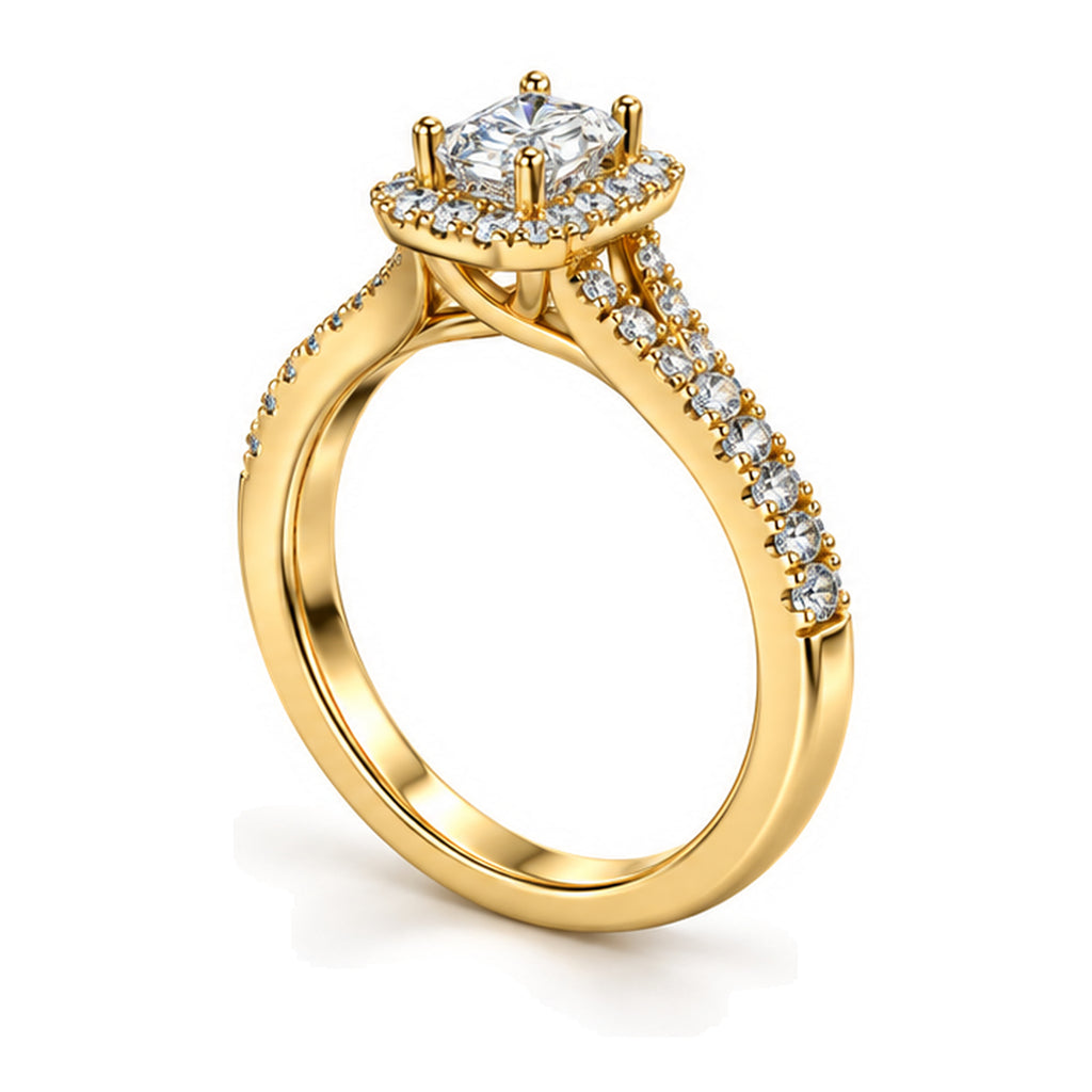 Cushion Moissanite Halo Engagement Ring with Pavé Band — 925 Sterling Silver, 18K Gold Plated