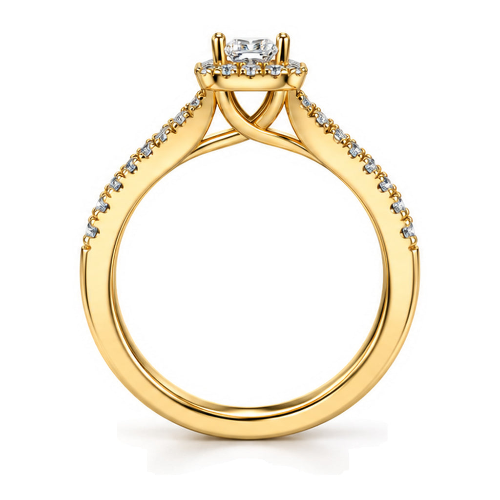 Cushion Moissanite Halo Engagement Ring with Pavé Band — 925 Sterling Silver, 18K Gold Plated
