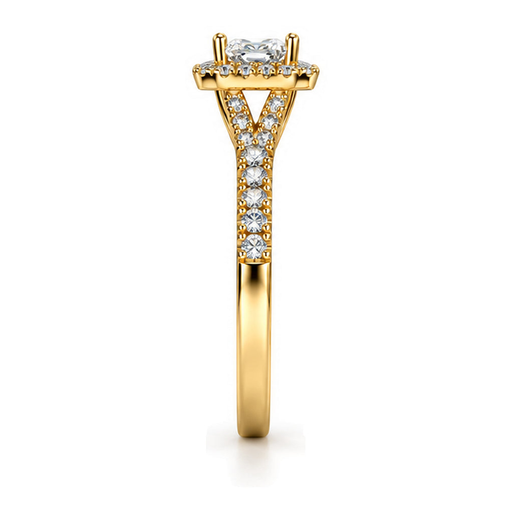 Cushion Moissanite Halo Engagement Ring with Pavé Band — 925 Sterling Silver, 18K Gold Plated