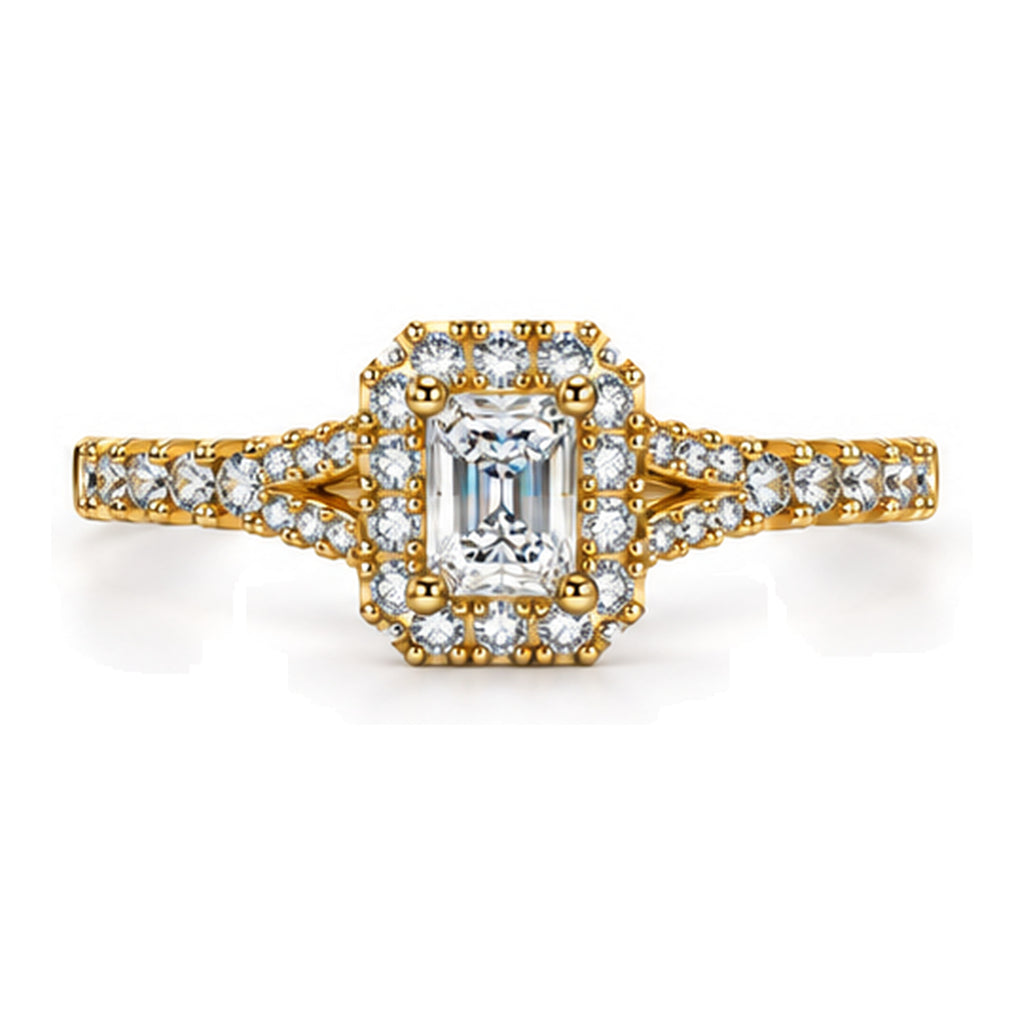 Cushion Moissanite Halo Engagement Ring with Pavé Band — 925 Sterling Silver, 18K Gold Plated