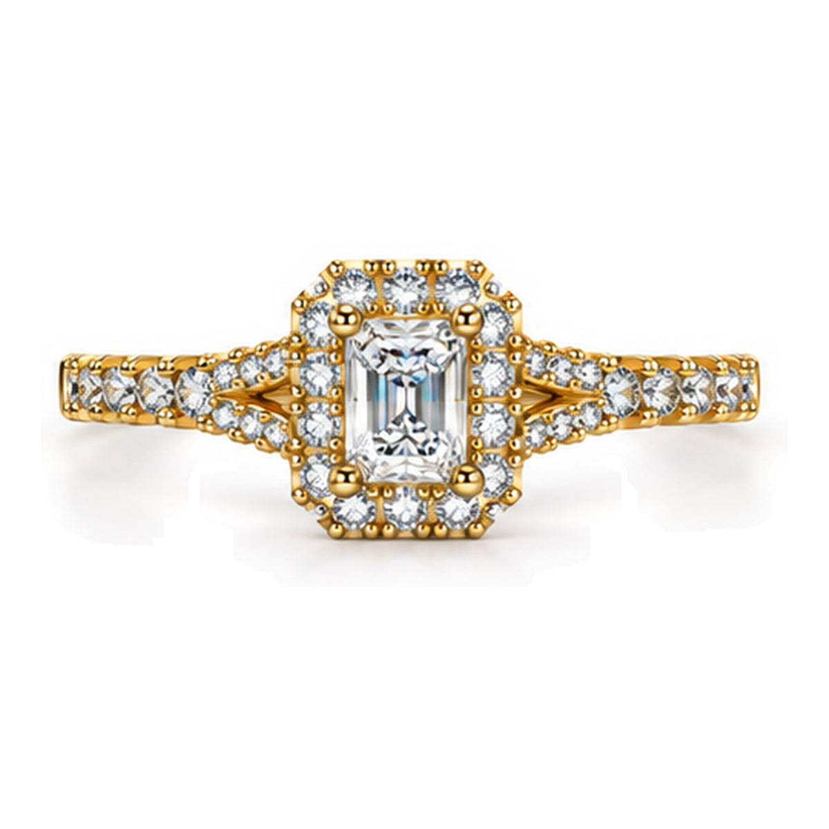 Cushion Moissanite Halo Engagement Ring with Pavé Band — 925 Sterling Silver, 18K Gold Plated