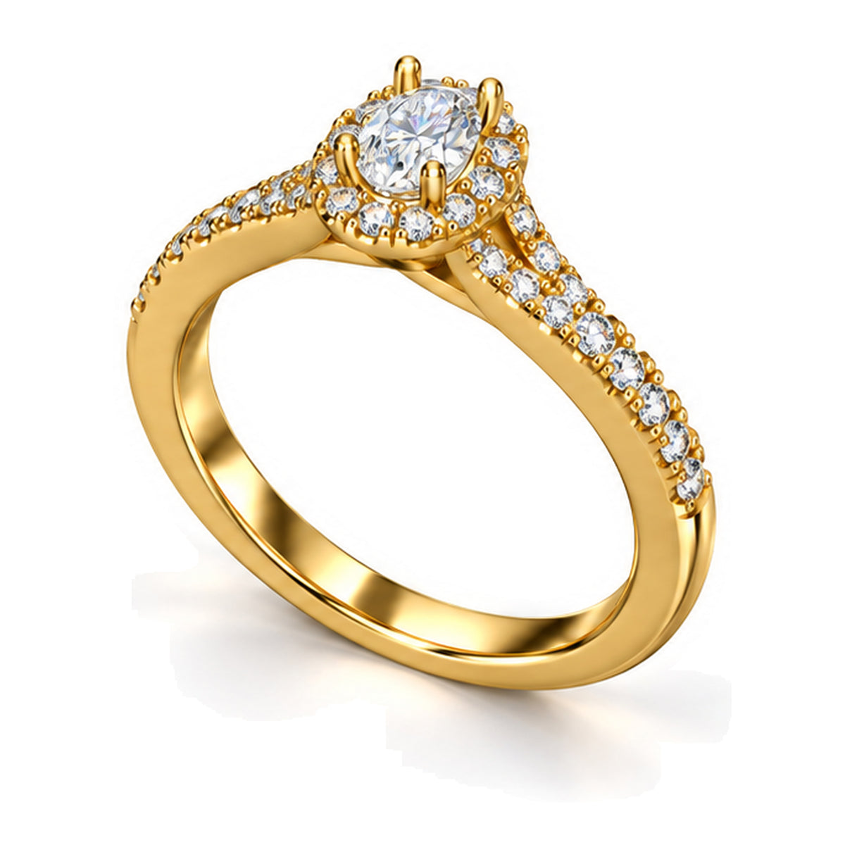 Oval Moissanite Halo Engagement Ring with Tapered Pavé Band — 925 Sterling Silver, 18K Gold Plated