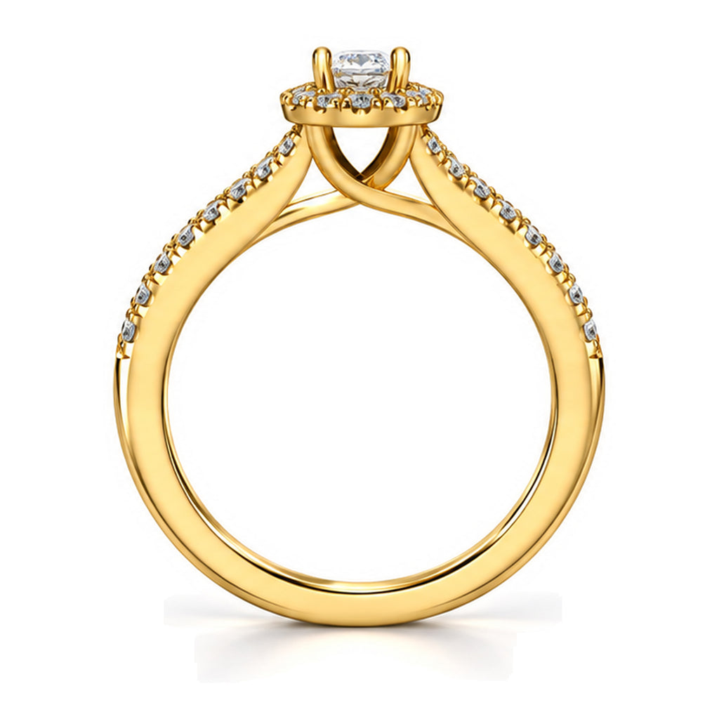 Oval Moissanite Halo Engagement Ring with Tapered Pavé Band — 925 Sterling Silver, 18K Gold Plated