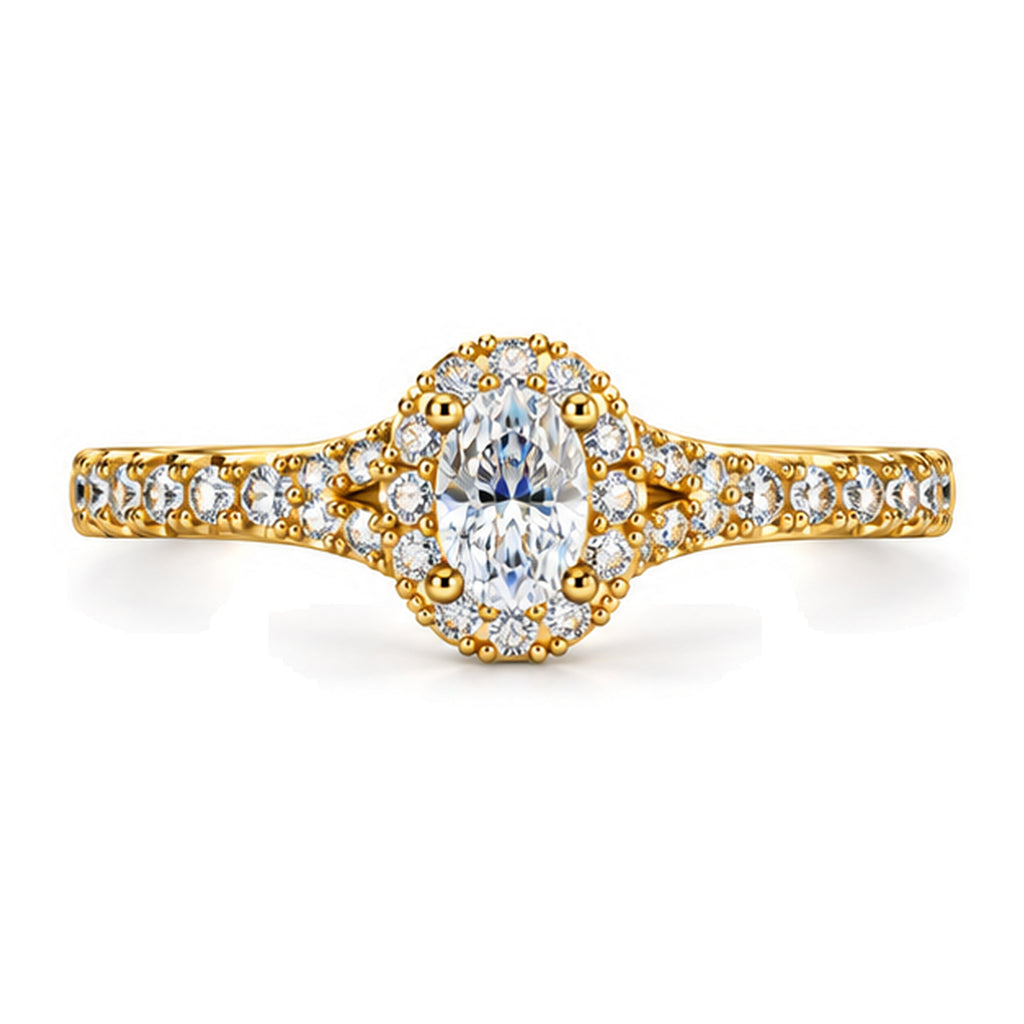 Oval Moissanite Halo Engagement Ring with Tapered Pavé Band — 925 Sterling Silver, 18K Gold Plated