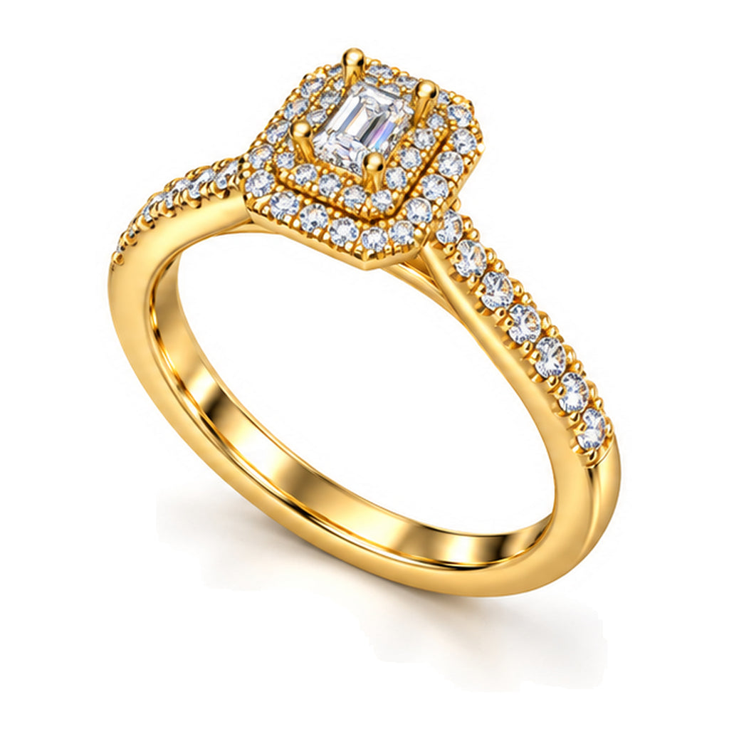 Emerald Cut Moissanite Double Halo Engagement Ring — 925 Sterling Silver, 18K Gold Plated