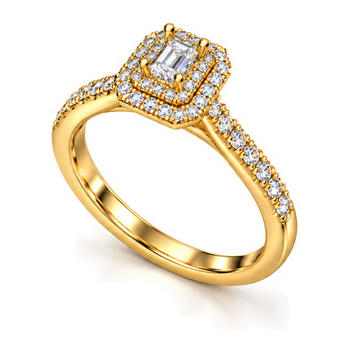 Emerald Cut Moissanite Double Halo Engagement Ring — 925 Sterling Silver, 18K Gold Plated