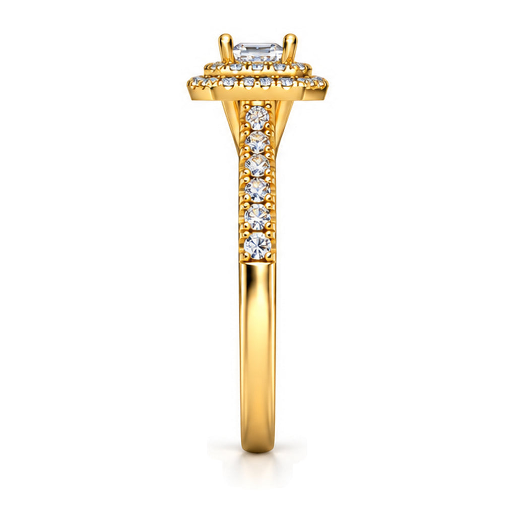 Emerald Cut Moissanite Double Halo Engagement Ring — 925 Sterling Silver, 18K Gold Plated