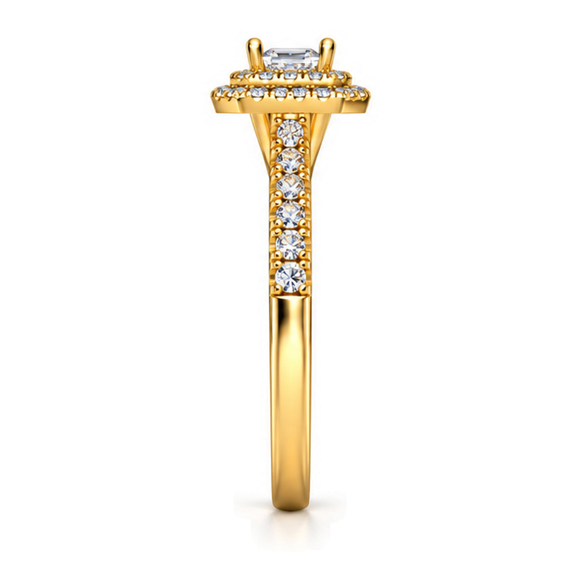 Emerald Cut Moissanite Double Halo Engagement Ring — 925 Sterling Silver, 18K Gold Plated