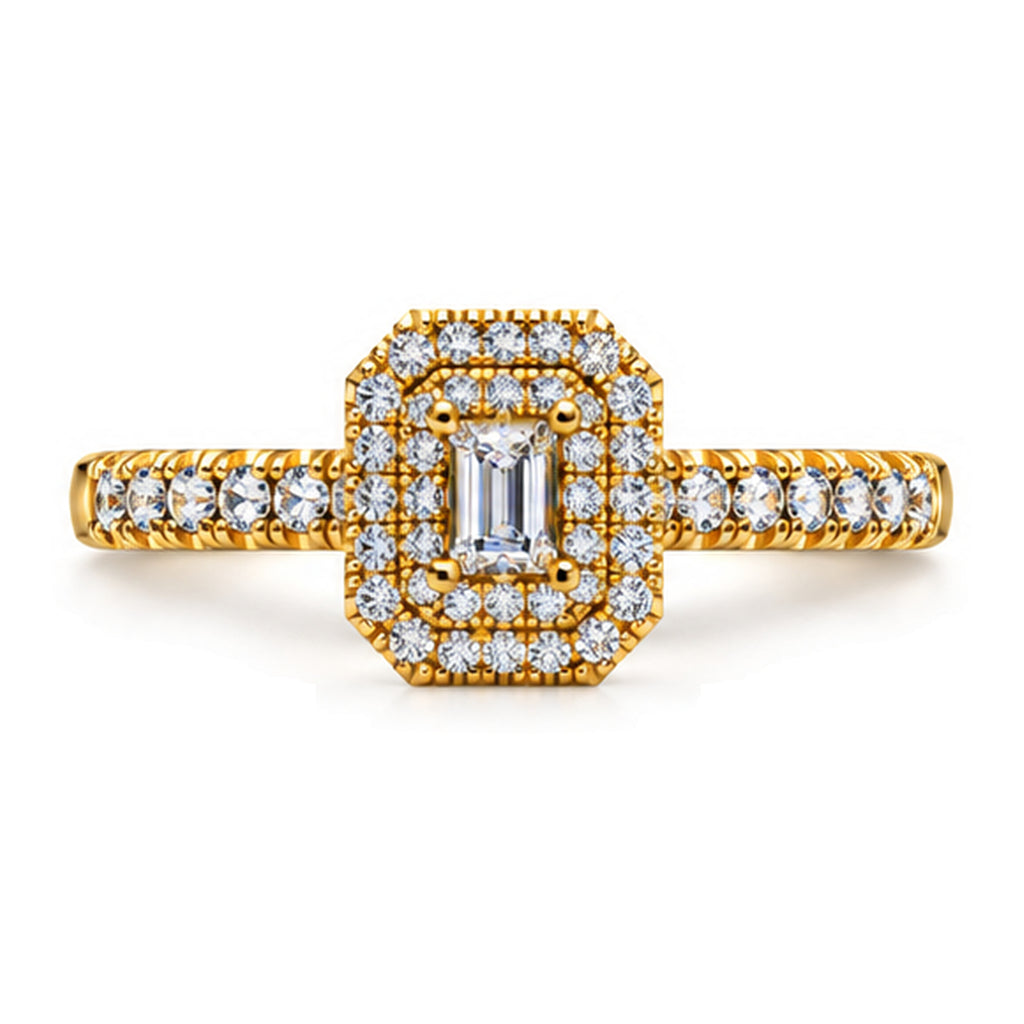 Emerald Cut Moissanite Double Halo Engagement Ring — 925 Sterling Silver, 18K Gold Plated