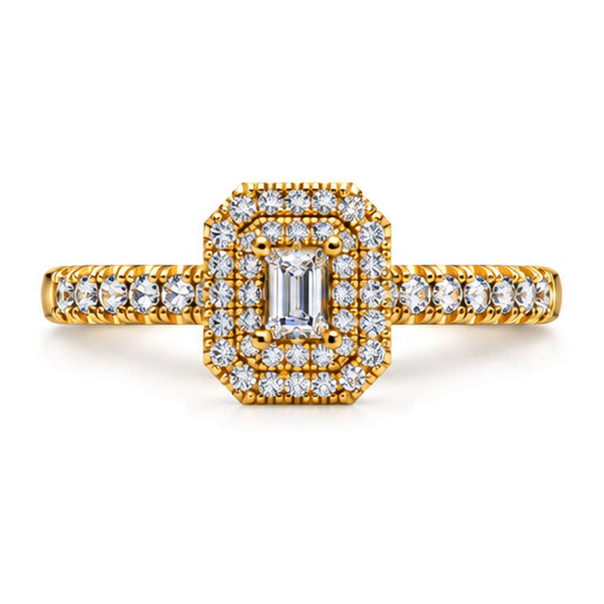 Emerald Cut Moissanite Double Halo Engagement Ring — 925 Sterling Silver, 18K Gold Plated