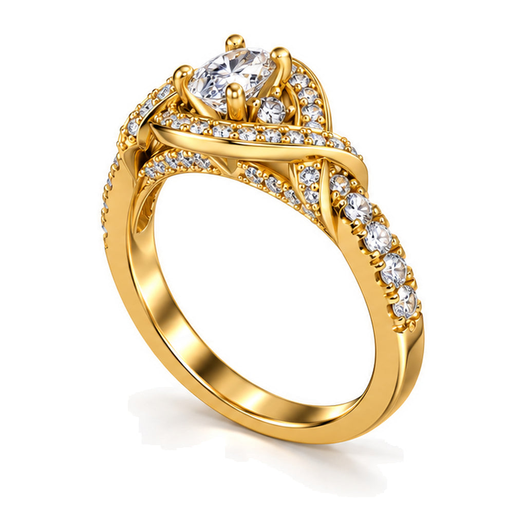 Moissanite Bypass Wrap Engagement Ring with Pavé Band — 925 Sterling Silver, 18K Gold Plated
