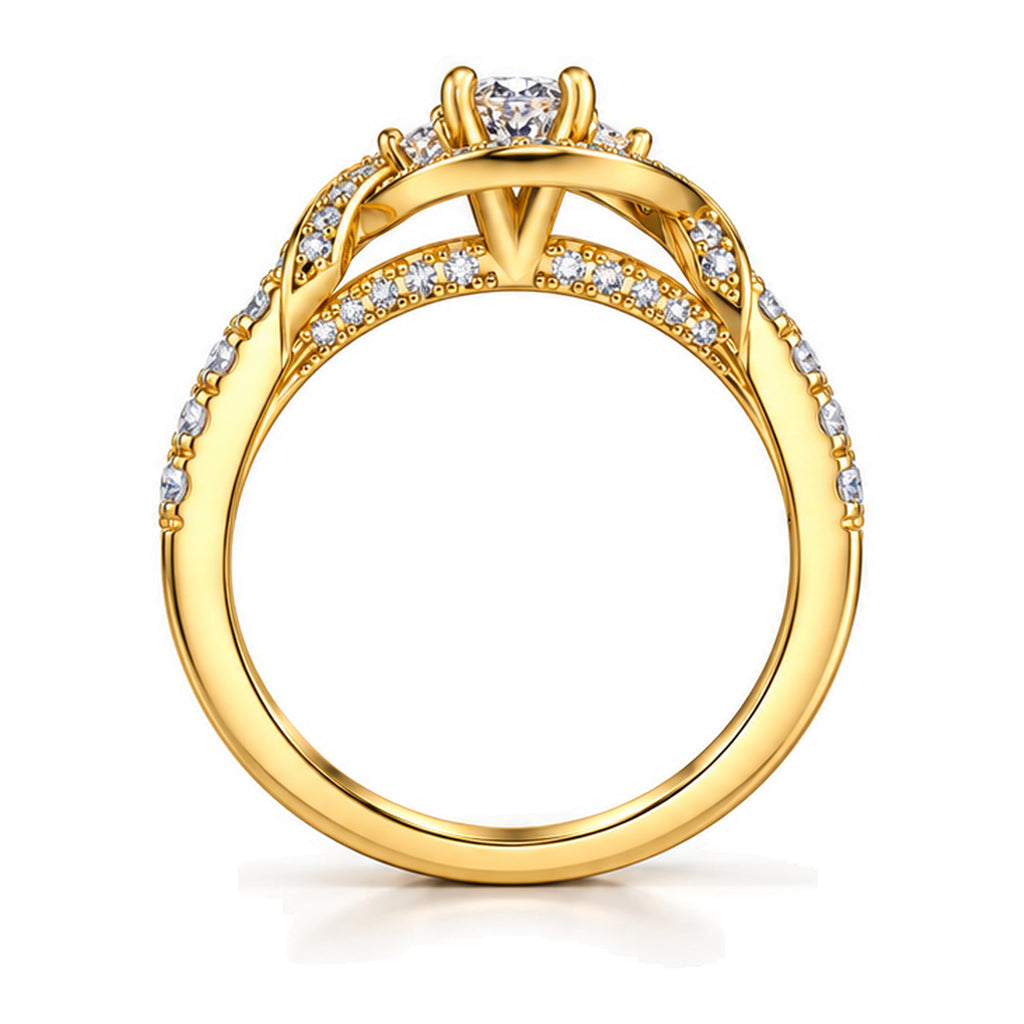 Moissanite Bypass Wrap Engagement Ring with Pavé Band — 925 Sterling Silver, 18K Gold Plated