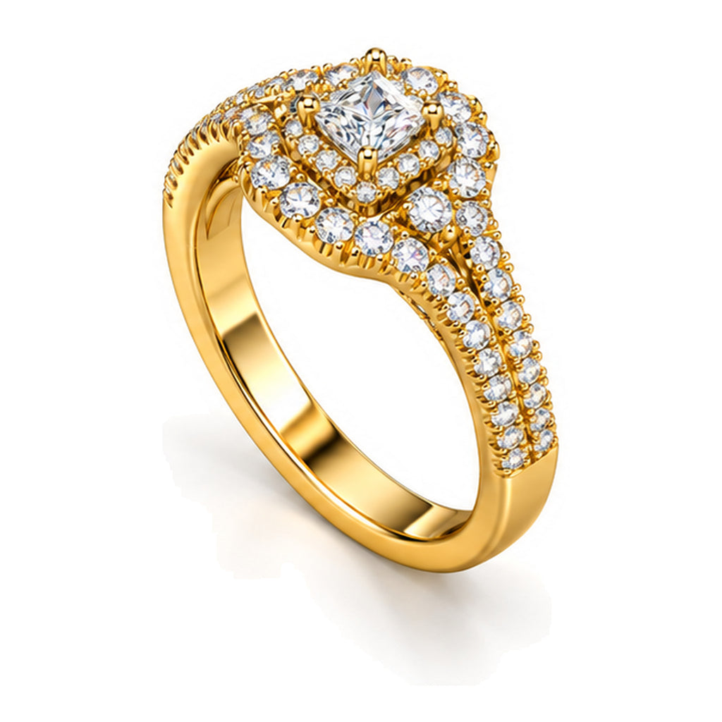 Cushion Moissanite Double Halo Split Shank Engagement Ring — 925 Sterling Silver, 18K Gold Plated