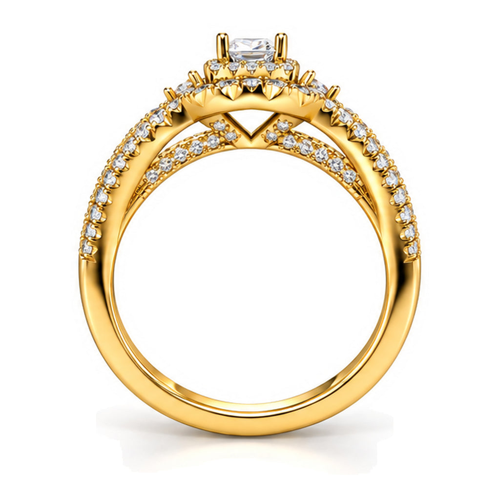 Cushion Moissanite Double Halo Split Shank Engagement Ring — 925 Sterling Silver, 18K Gold Plated