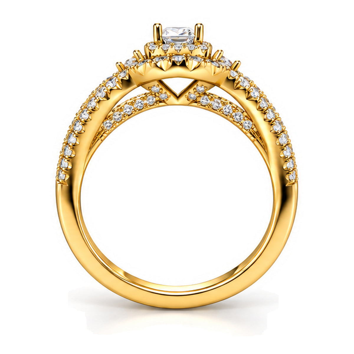 Cushion Moissanite Double Halo Split Shank Engagement Ring — 925 Sterling Silver, 18K Gold Plated