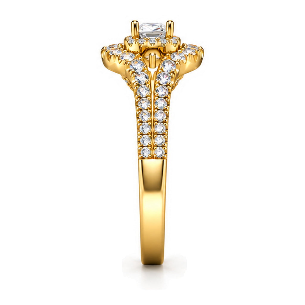 Cushion Moissanite Double Halo Split Shank Engagement Ring — 925 Sterling Silver, 18K Gold Plated