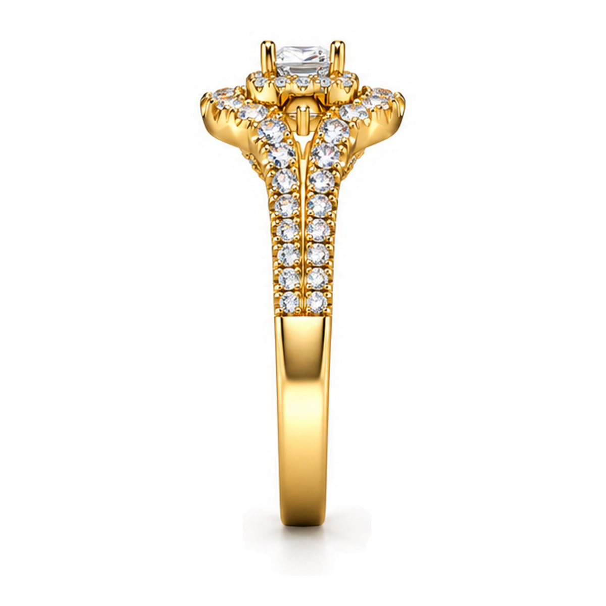 Cushion Moissanite Double Halo Split Shank Engagement Ring — 925 Sterling Silver, 18K Gold Plated