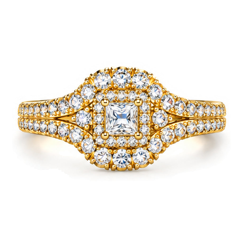 Cushion Moissanite Double Halo Split Shank Engagement Ring — 925 Sterling Silver, 18K Gold Plated