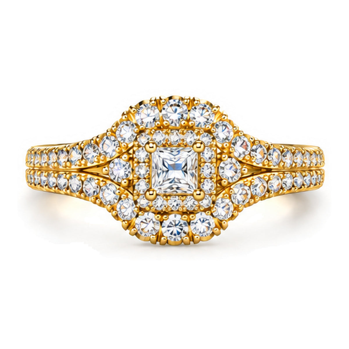 Cushion Moissanite Double Halo Split Shank Engagement Ring — 925 Sterling Silver, 18K Gold Plated