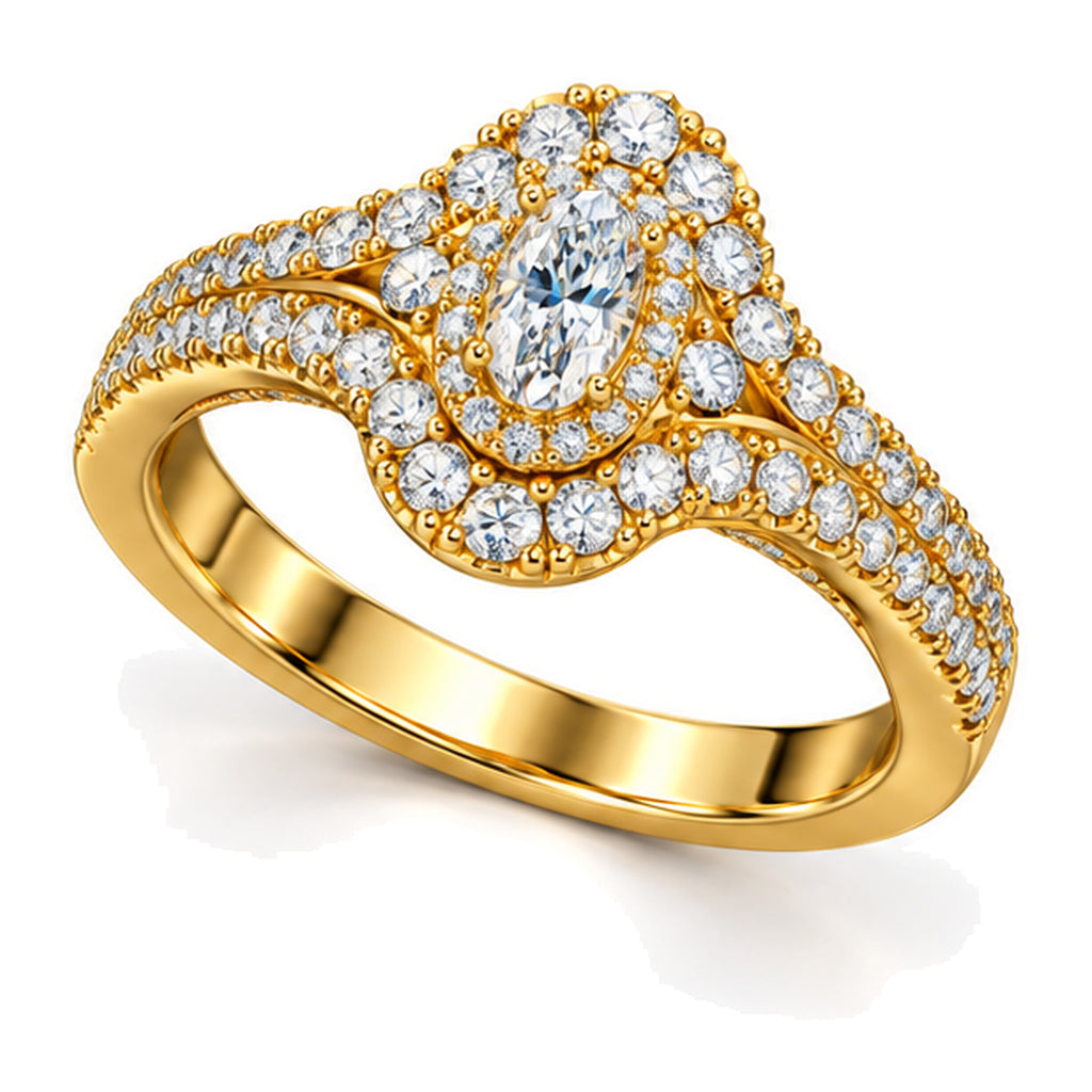 Oval Moissanite Cluster Double Halo Engagement Ring — 925 Sterling Silver, 18K Gold Plated