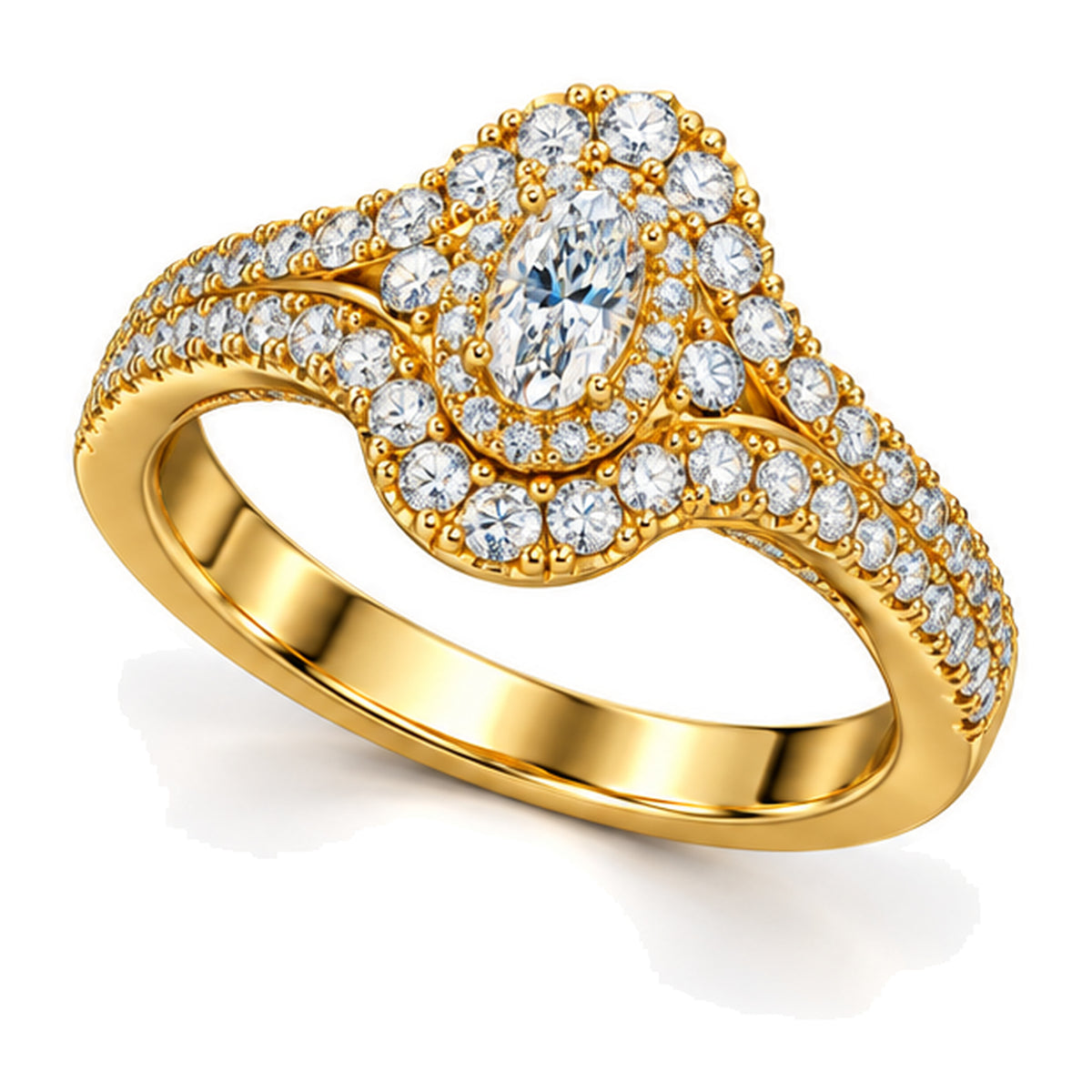 Oval Moissanite Cluster Double Halo Engagement Ring — 925 Sterling Silver, 18K Gold Plated