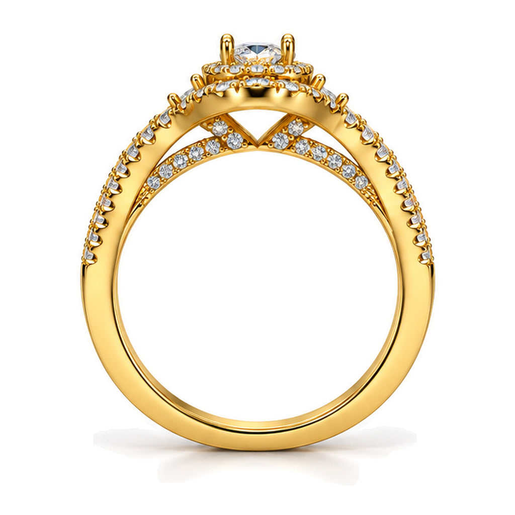 Oval Moissanite Cluster Double Halo Engagement Ring — 925 Sterling Silver, 18K Gold Plated
