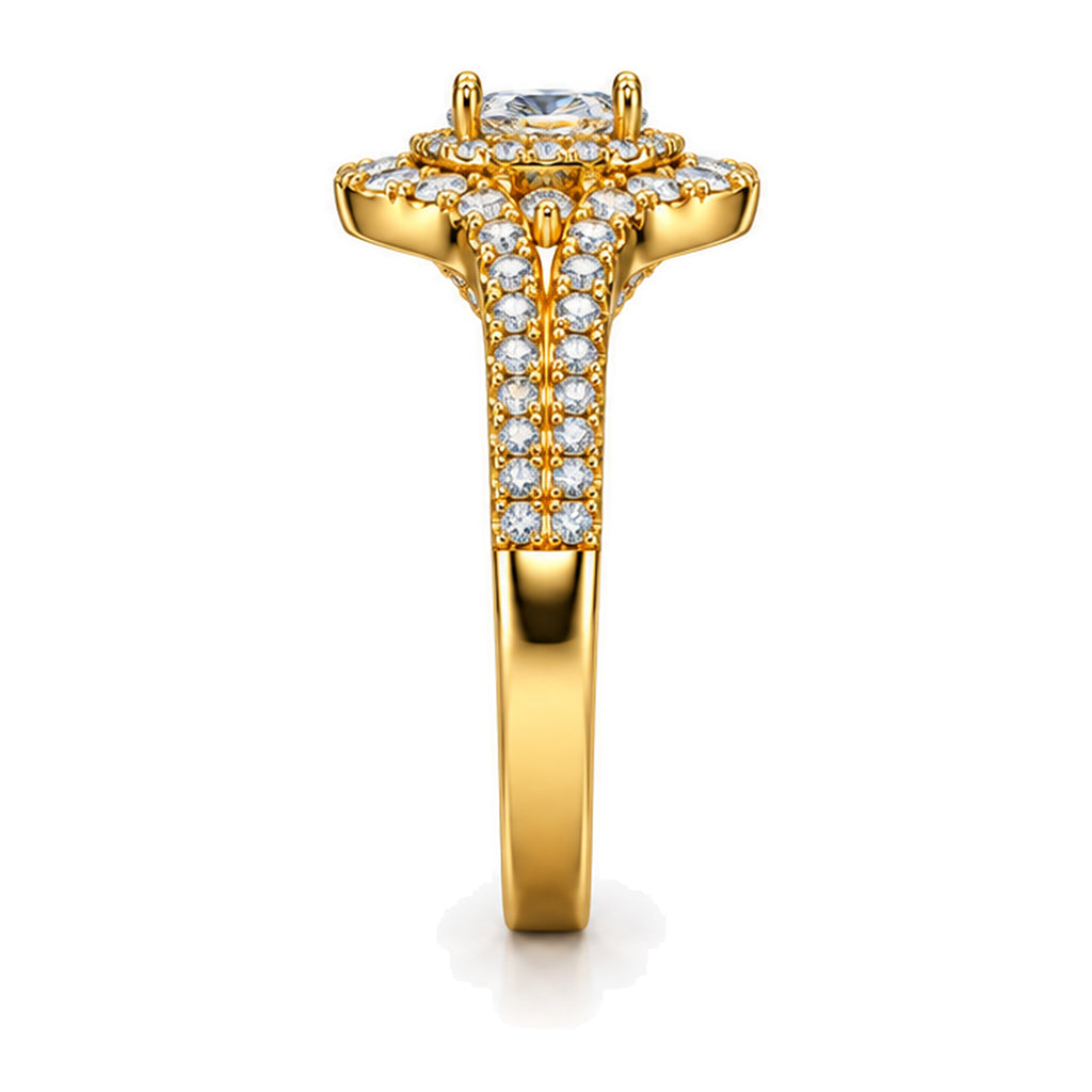 Oval Moissanite Cluster Double Halo Engagement Ring — 925 Sterling Silver, 18K Gold Plated