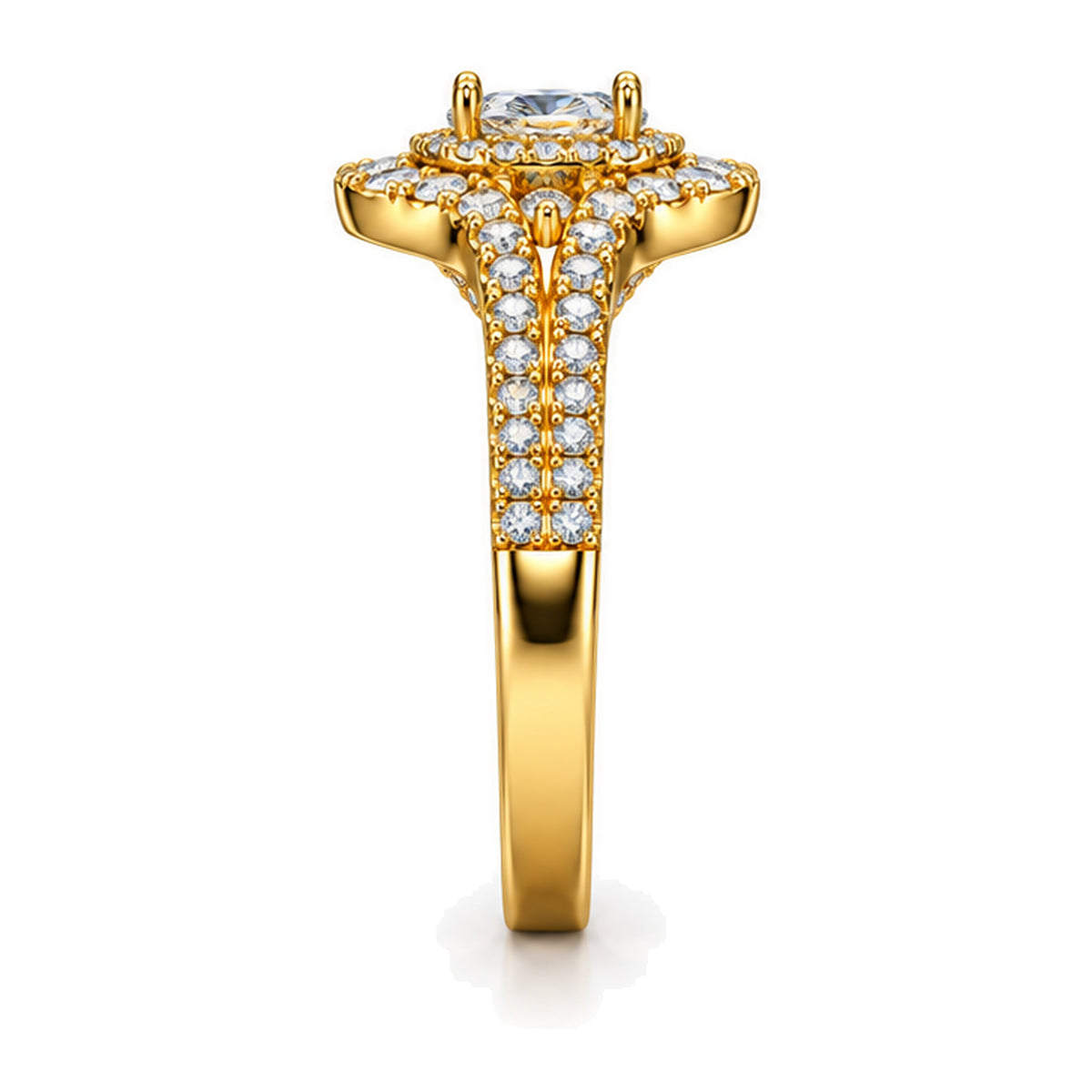 Oval Moissanite Cluster Double Halo Engagement Ring — 925 Sterling Silver, 18K Gold Plated