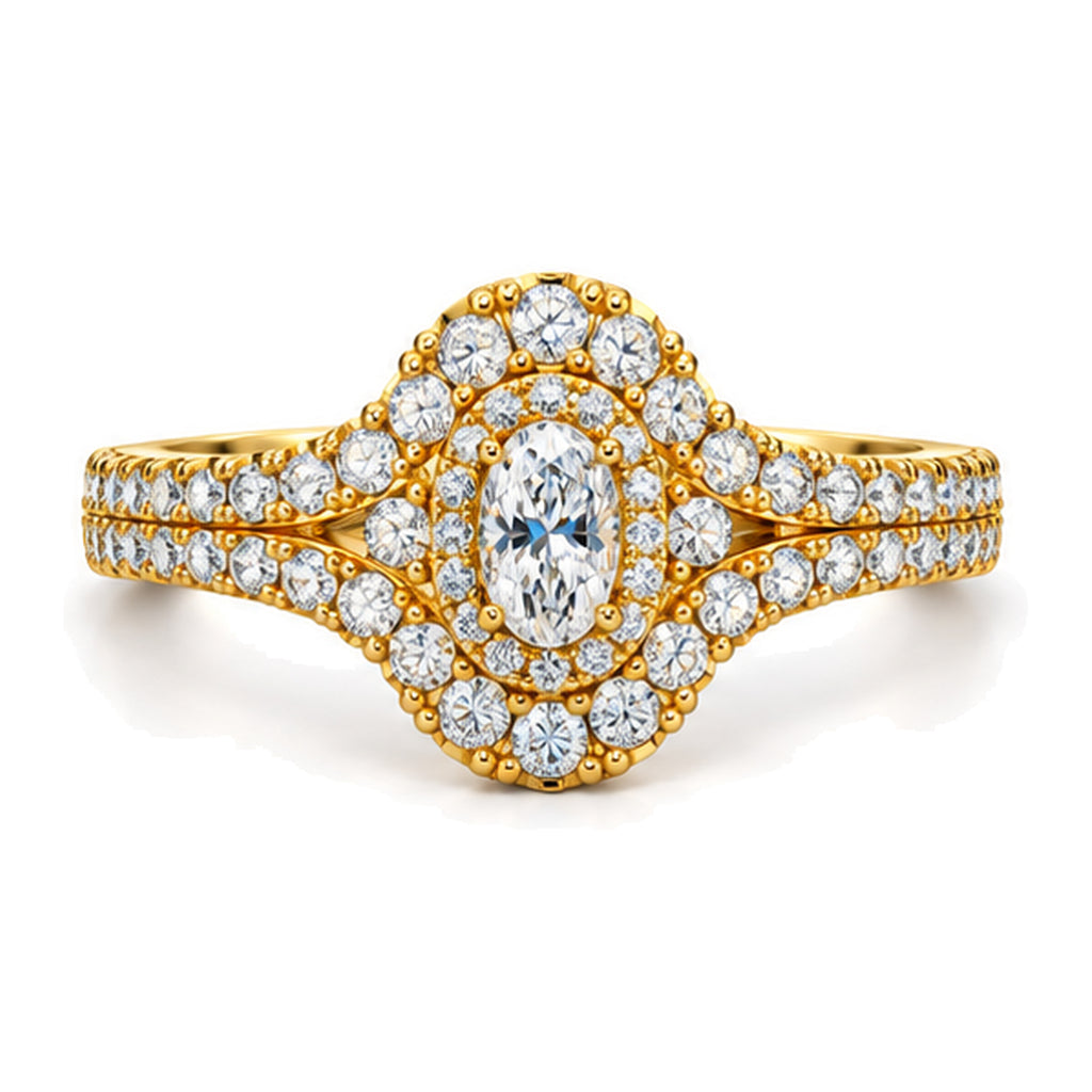 Oval Moissanite Cluster Double Halo Engagement Ring — 925 Sterling Silver, 18K Gold Plated