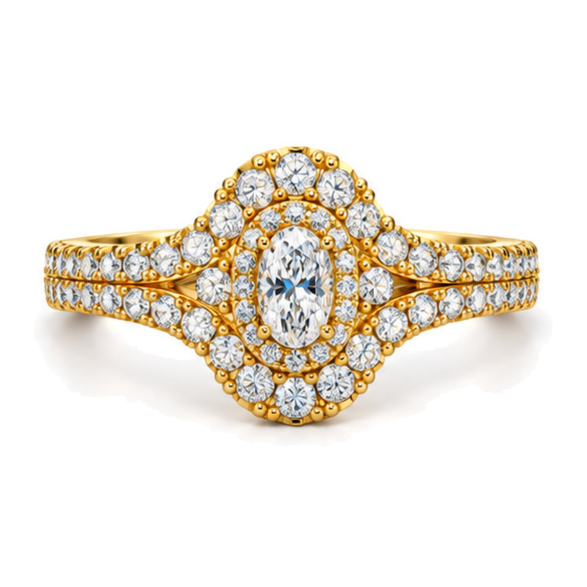 Oval Moissanite Cluster Double Halo Engagement Ring — 925 Sterling Silver, 18K Gold Plated