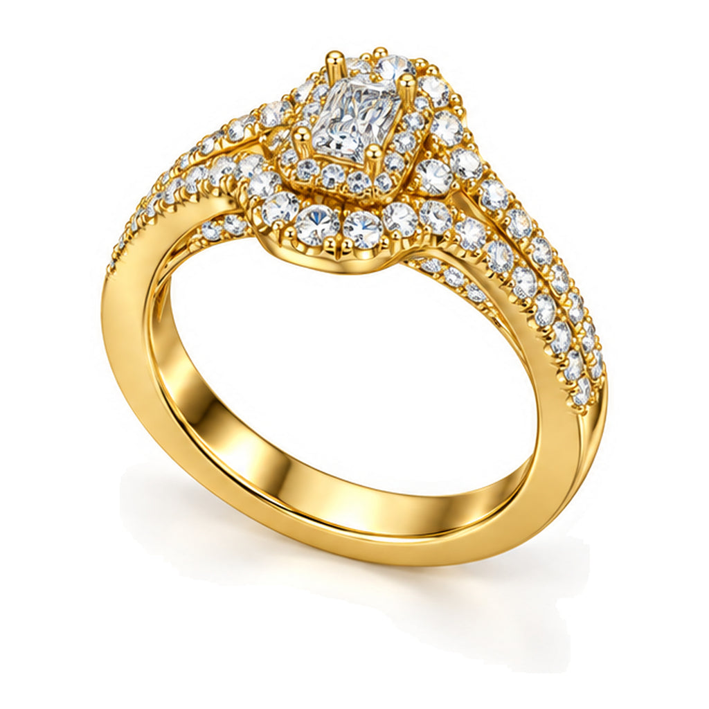 Emerald Cut Moissanite Halo Split Shank Engagement Ring with Round Accents — 925 Sterling Silver, 18K Gold Plated