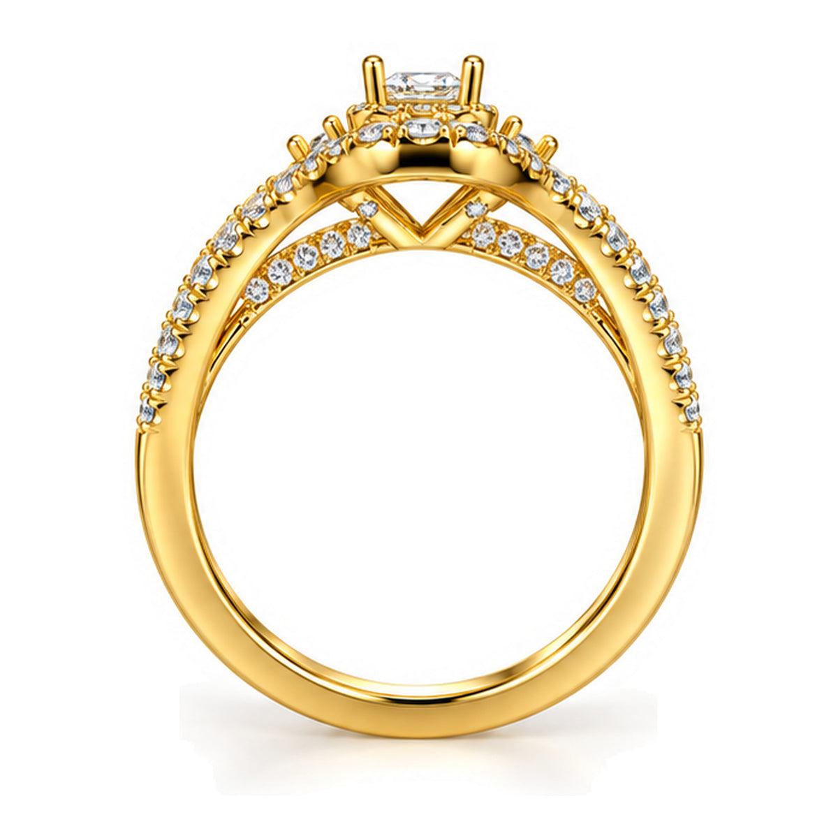 Emerald Cut Moissanite Halo Split Shank Engagement Ring with Round Accents — 925 Sterling Silver, 18K Gold Plated