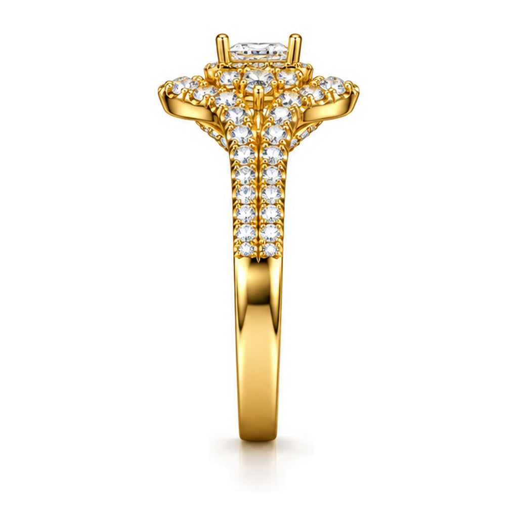 Emerald Cut Moissanite Halo Split Shank Engagement Ring with Round Accents — 925 Sterling Silver, 18K Gold Plated