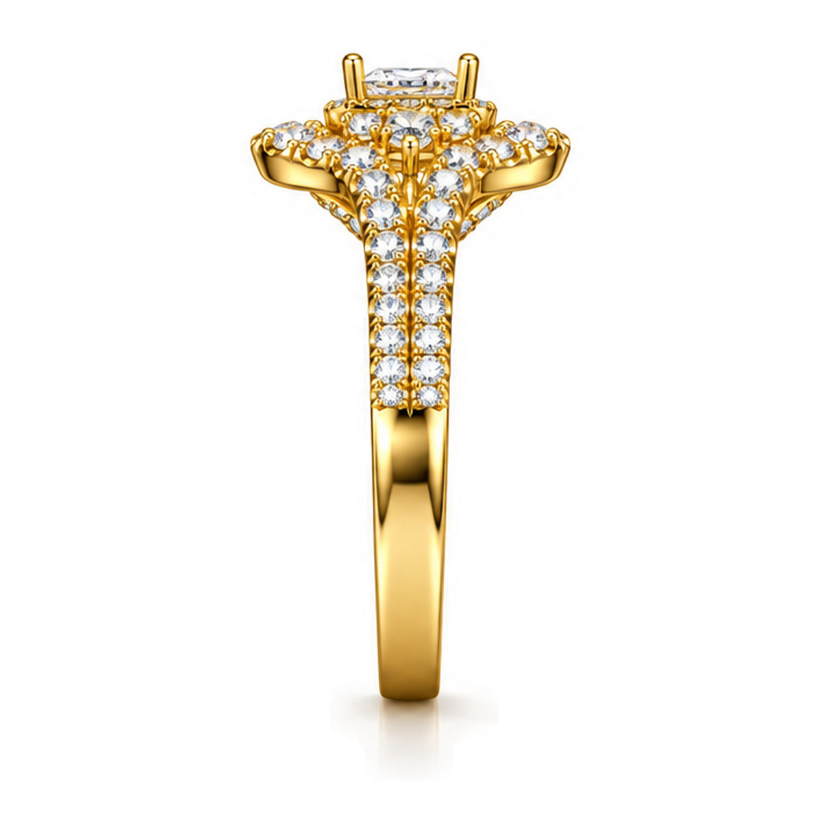 Emerald Cut Moissanite Halo Split Shank Engagement Ring with Round Accents — 925 Sterling Silver, 18K Gold Plated