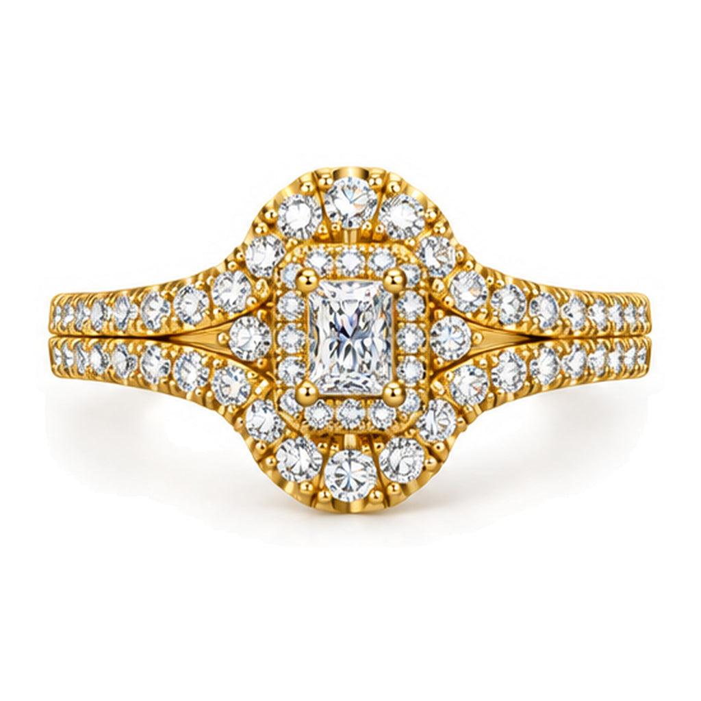 Emerald Cut Moissanite Halo Split Shank Engagement Ring with Round Accents — 925 Sterling Silver, 18K Gold Plated