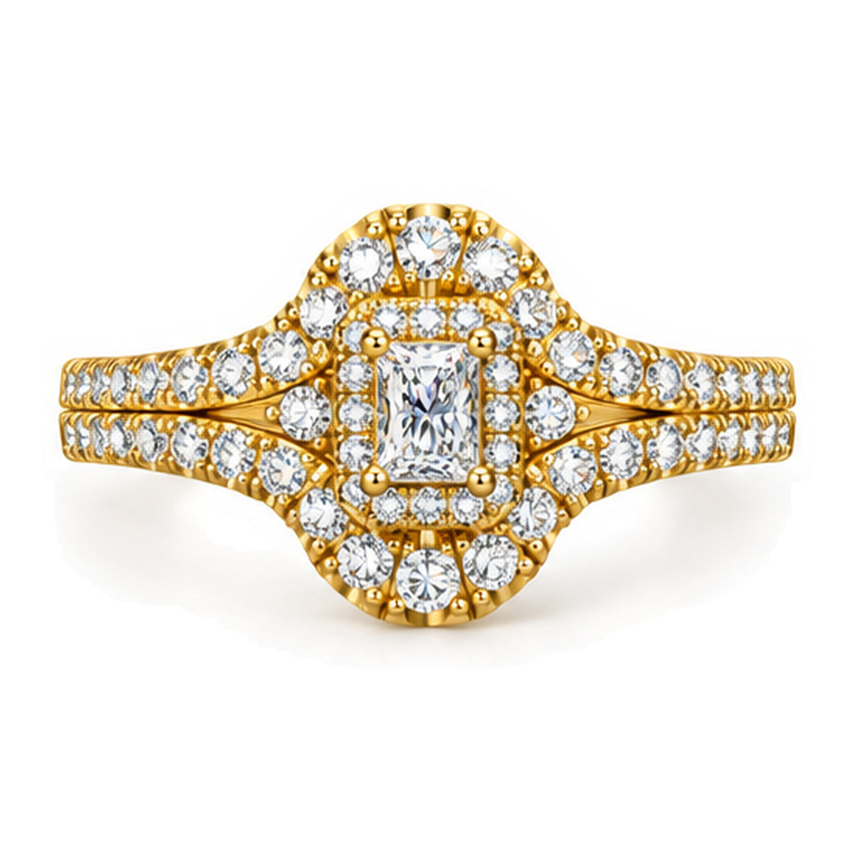 Emerald Cut Moissanite Halo Split Shank Engagement Ring with Round Accents — 925 Sterling Silver, 18K Gold Plated