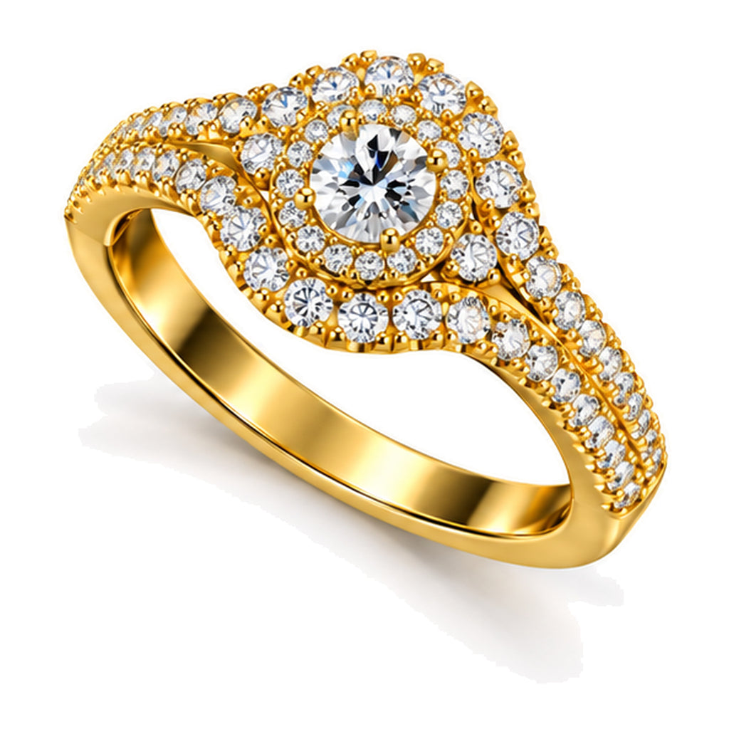 Round Moissanite Cluster Double Halo Split Shank Engagement Ring — 925 Sterling Silver, 18K Gold Plated