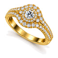 Round Moissanite Cluster Double Halo Split Shank Engagement Ring — 925 Sterling Silver, 18K Gold Plated