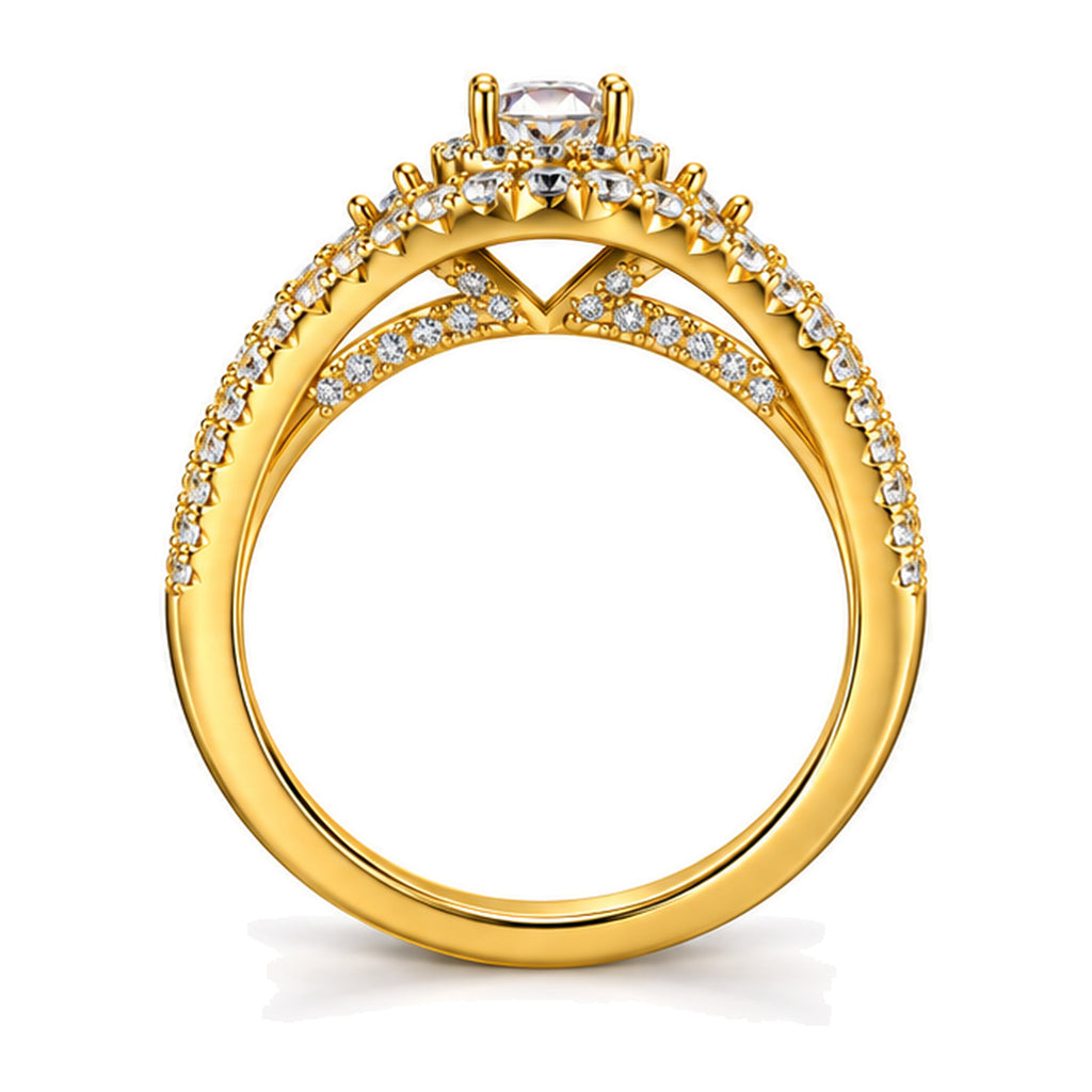 Round Moissanite Cluster Double Halo Split Shank Engagement Ring — 925 Sterling Silver, 18K Gold Plated