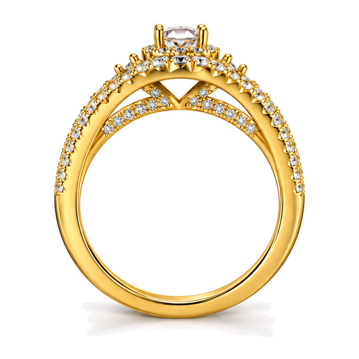 Round Moissanite Cluster Double Halo Split Shank Engagement Ring — 925 Sterling Silver, 18K Gold Plated