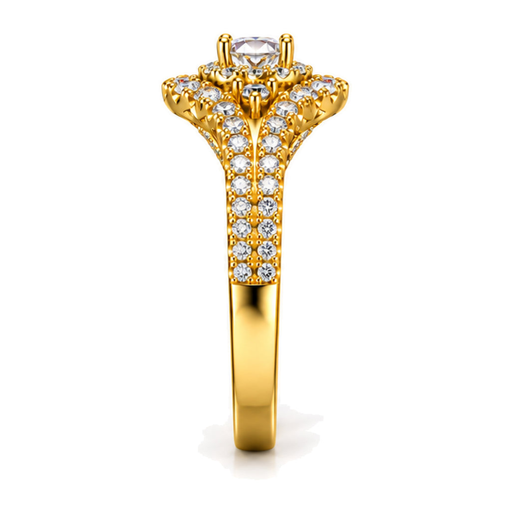 Round Moissanite Cluster Double Halo Split Shank Engagement Ring — 925 Sterling Silver, 18K Gold Plated