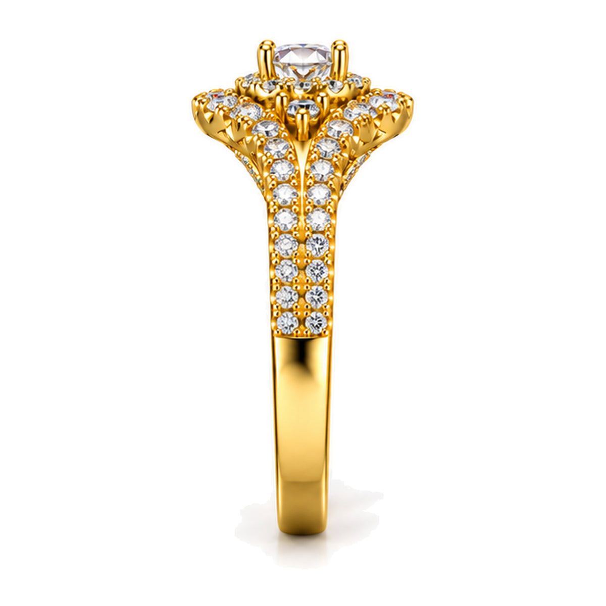 Round Moissanite Cluster Double Halo Split Shank Engagement Ring — 925 Sterling Silver, 18K Gold Plated